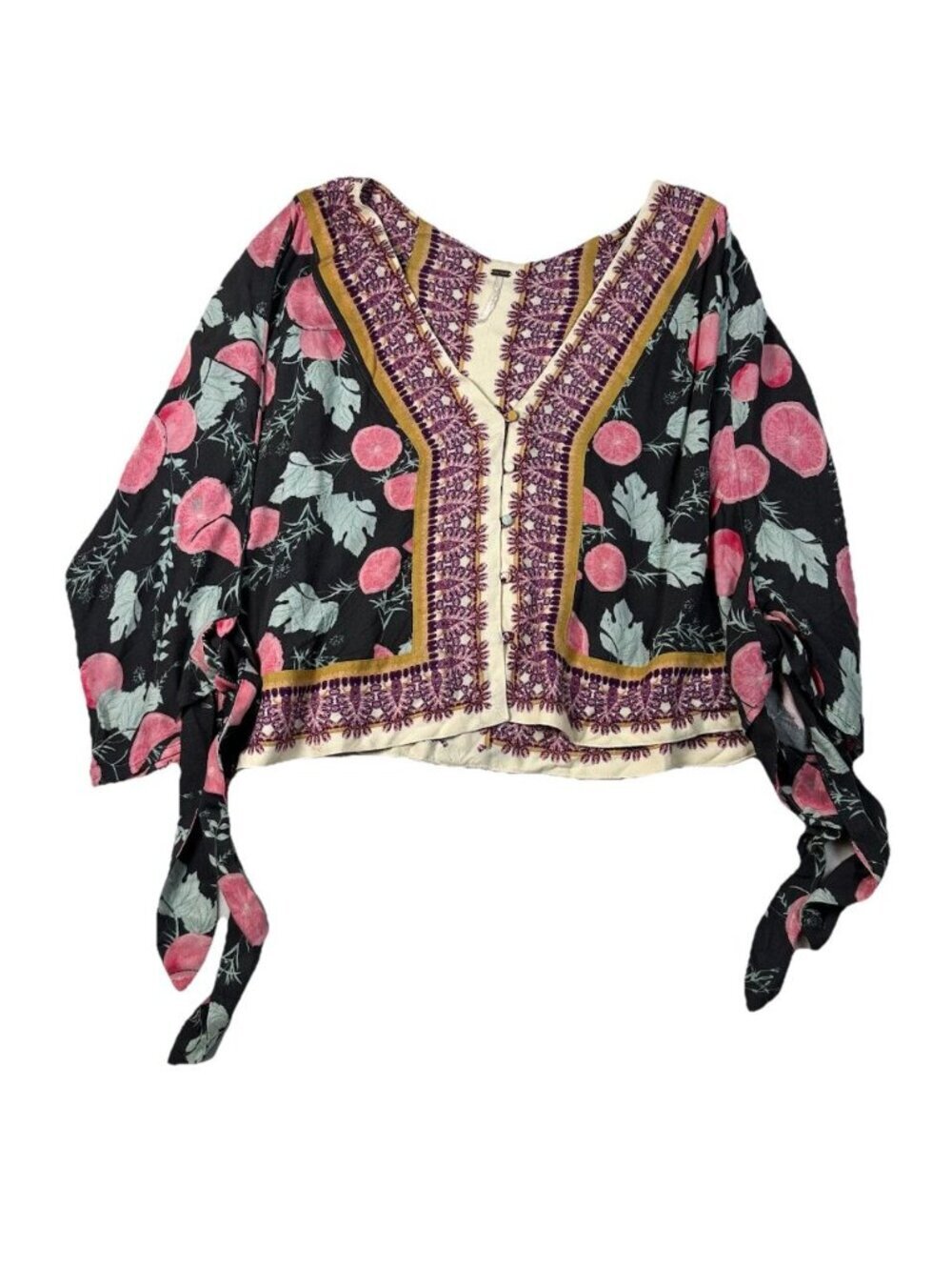 Free People Freshly Squeezed Citrus Floral Kimono Top Tie Sleeve Womens Small